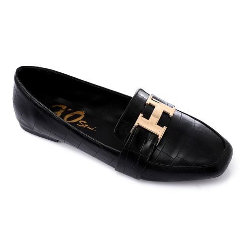Faux Leather Croc Pattern Loafers – Black