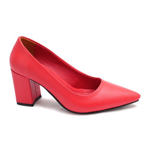 Faux Leather Block Heel Pumps - Red
