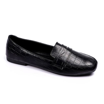 Faux Leather Croc-Embossed Loafers – Black