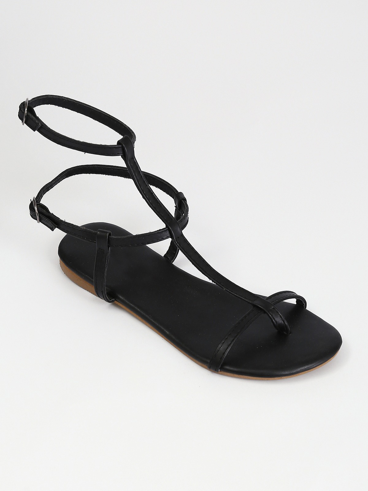 Leather Double Buckle Flat Sandals - Black