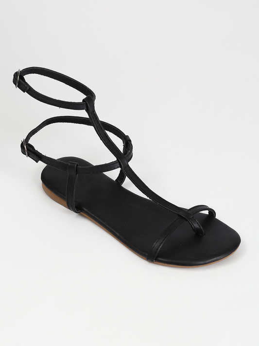 Leather Double Buckle Flat Sandals - Black