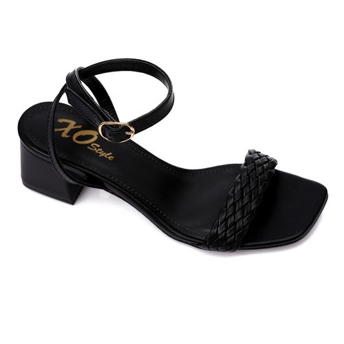 Faux Leather Braided Block Heel Sandal - Black