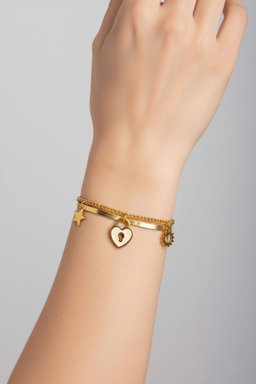 Stainless Steel Double Layer Star, Heart & Sun Charm Bracelet – Gold