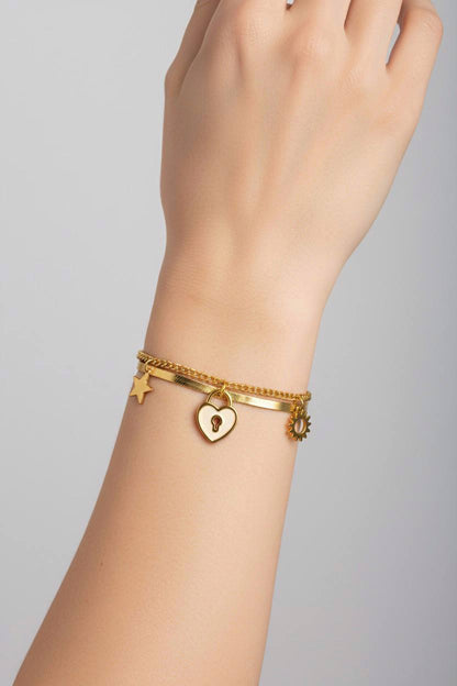 Stainless Steel Double Layer Star, Heart & Sun Charm Bracelet – Gold