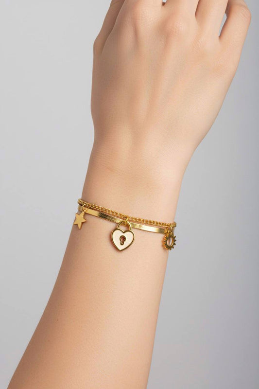 Stainless Steel Double Layer Star, Heart & Sun Charm Bracelet – Gold
