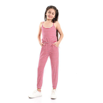 Cotton Polyester Striped Jumpsuit – Fuchsia &White