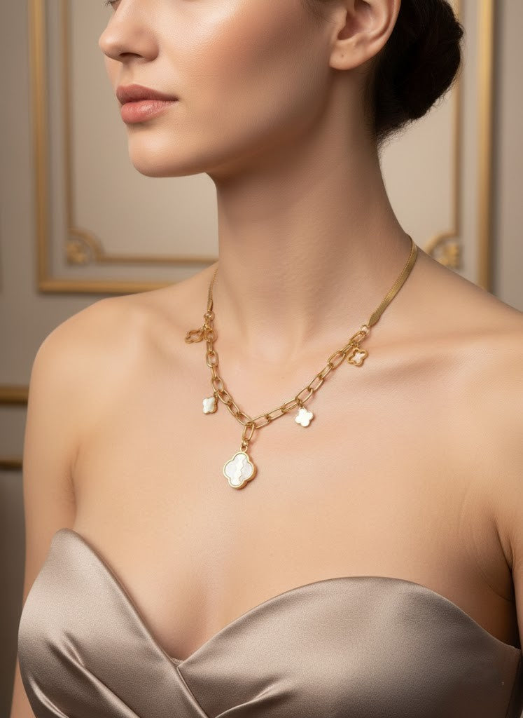 Stainless Steel Dual Chain Clover Charm Necklace – Gold