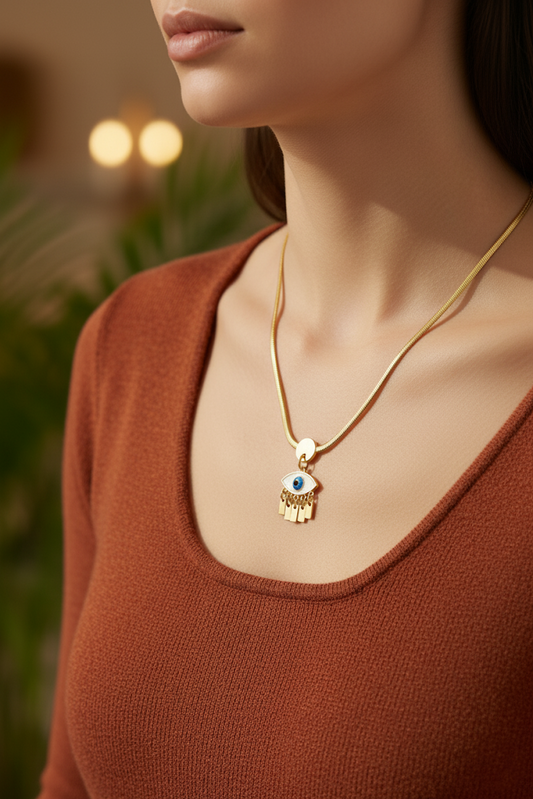 Stainless Steel Blue Eye Pendant Necklace with Tassels – Gold