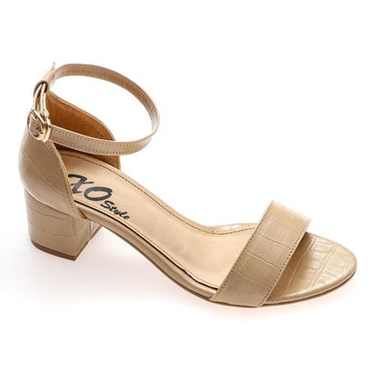 Faux Leather Ankle Strap Block Heel Sandals – Beige
