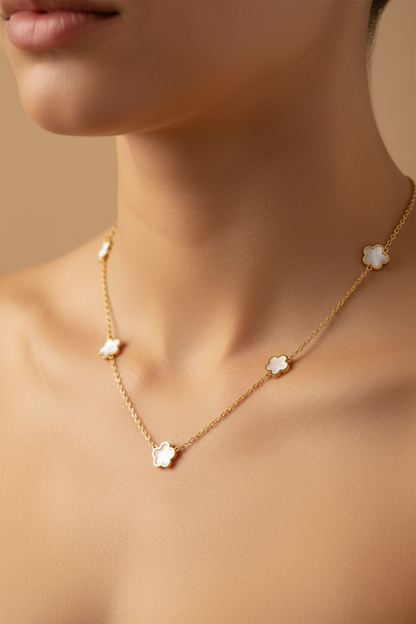 Stainless Steel Multi White Flower Charm Necklace – Gold