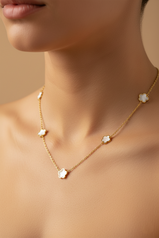 Stainless Steel Multi White Flower Charm Necklace – Gold