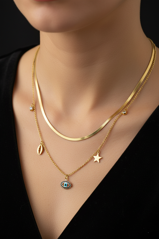 Stainless Steel Layered Necklace Charms – Gold