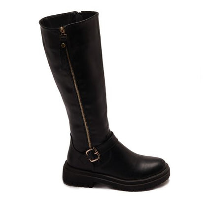 Leather Plain Knee-High Boots - Black
