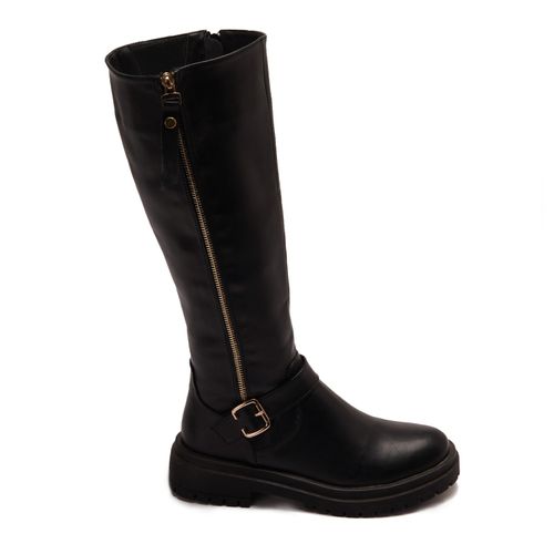 Leather Plain Knee-High Boots - Black