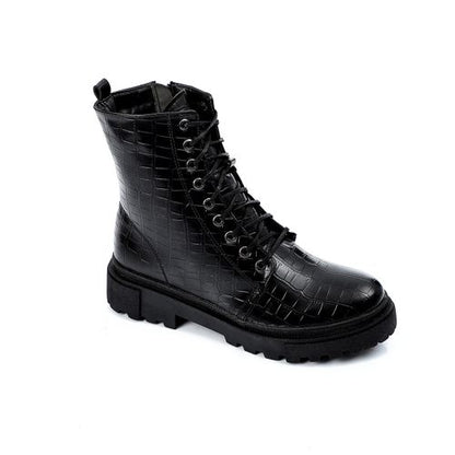 Faux Leather Croc-Embossed Combat Boots - Black