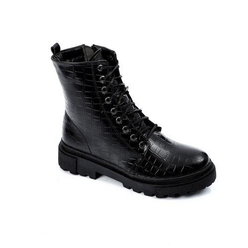 Faux Leather Croc-Embossed Combat Boots - Black