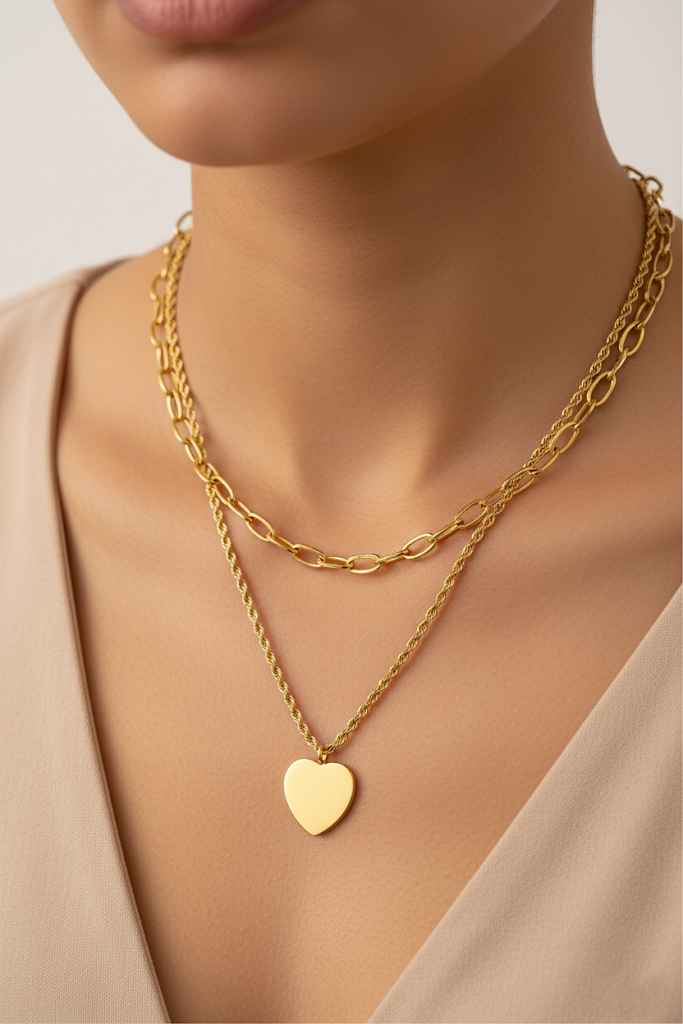 Stainless Steel Layered Heart Pendant Necklace – Gold