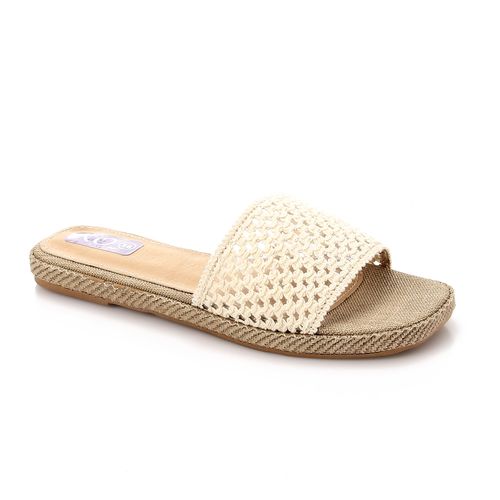 Faux Leather Woven Slide Sandals - White