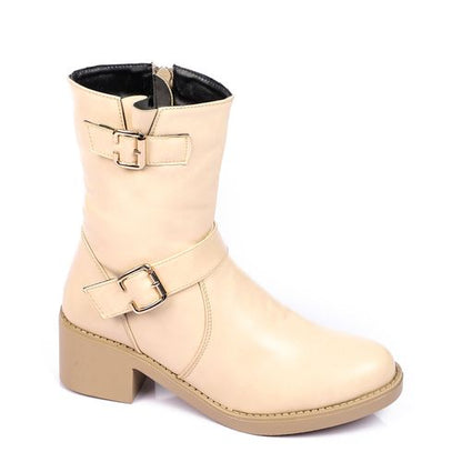 Faux Leather Mid-Calf Buckle Boots – Beige