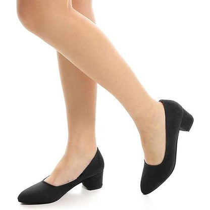 Suede Block Heel Pumps - Black