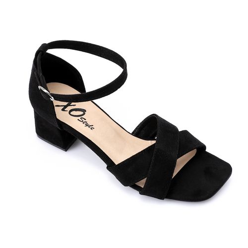 Black Suede Square-Toe Ankle Strap Block Heel Sandal