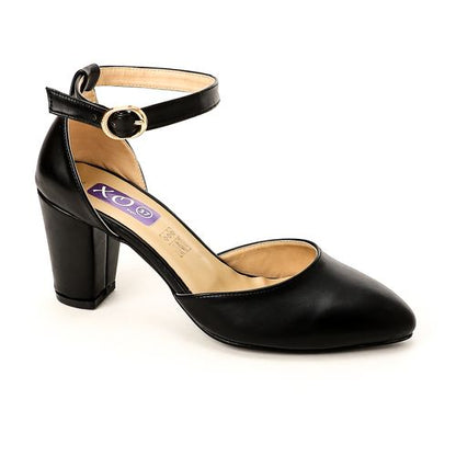 Faux Leather Ankle-Strap Block Heels - Black