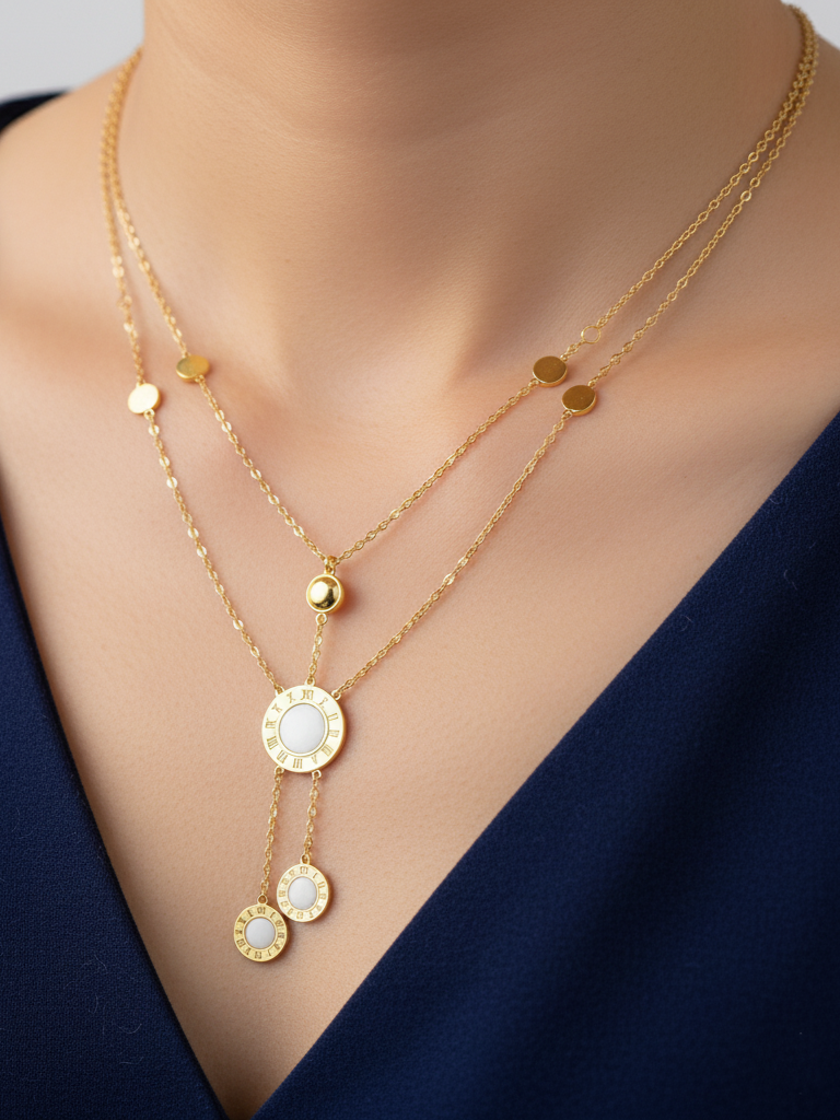 Stainless Steel Double-Layer Roman Numeral Pendant Necklace – Gold