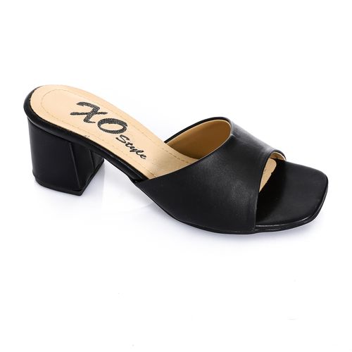 Faux Leather Heeled Slippers - Black