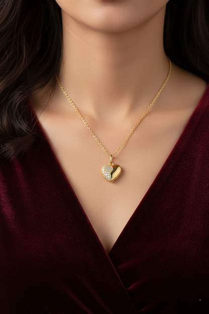 Stainless Steel Half Crystal Heart Pendant Necklace – Gold