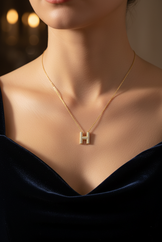 Stainless Steel Crystal Letter H Pendant Necklace – Gold