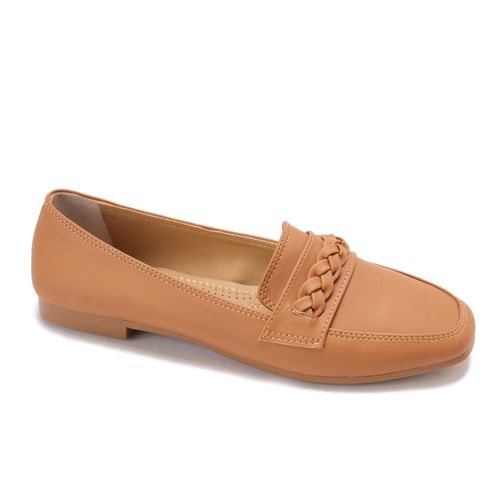Faux Leather Loafers with Braided Strap - Tan
