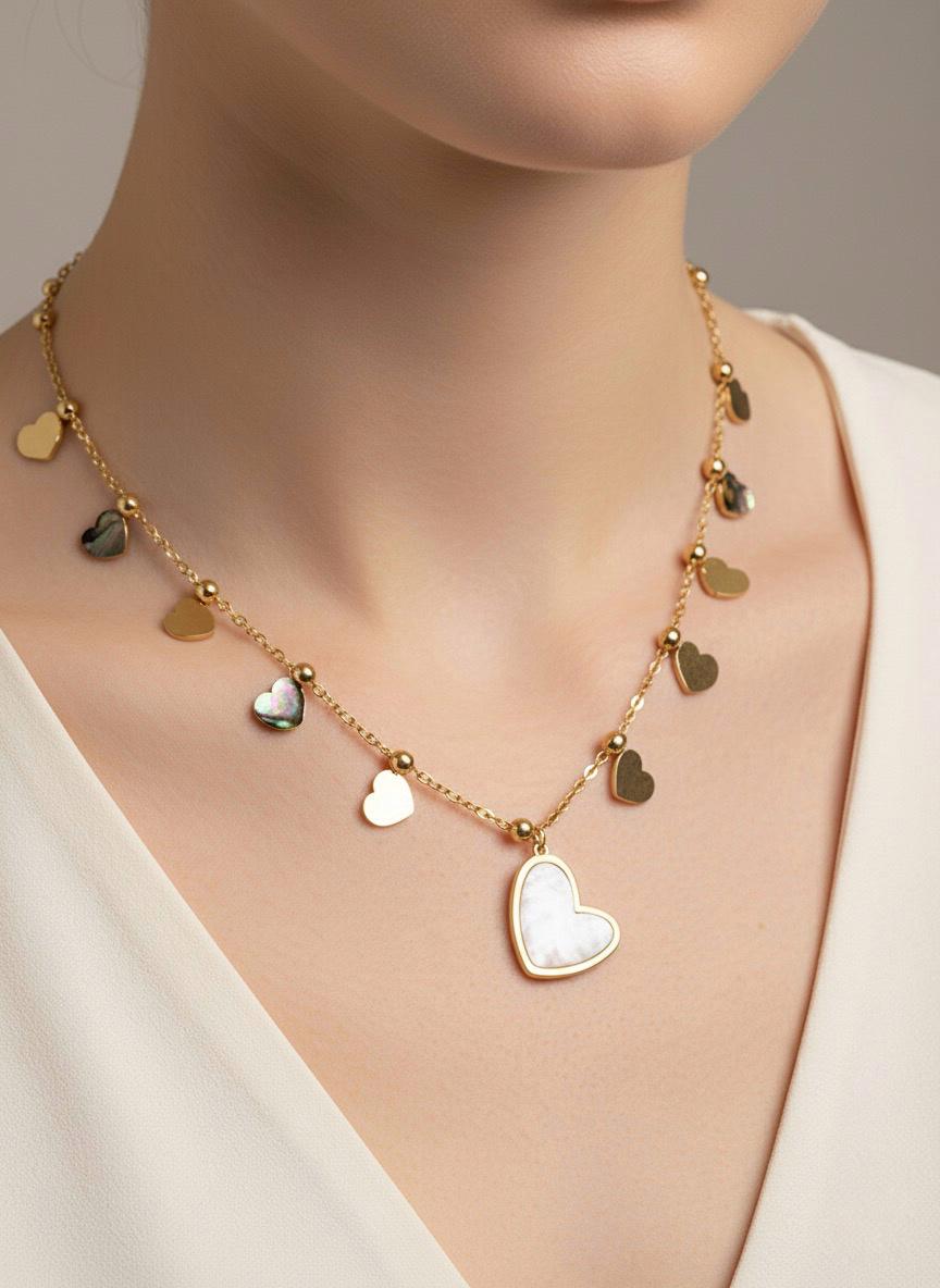 Stainless Steel Heart Pendant Necklace with Dangling Charms – Gold