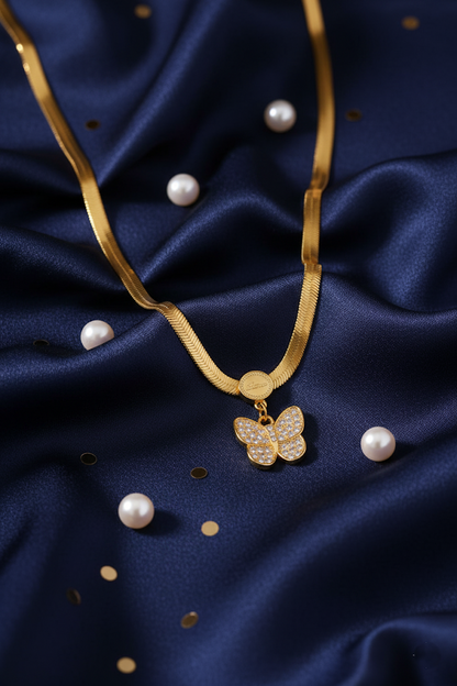 Stainless Steel Crystal Butterfly Pendant Necklace – Gold