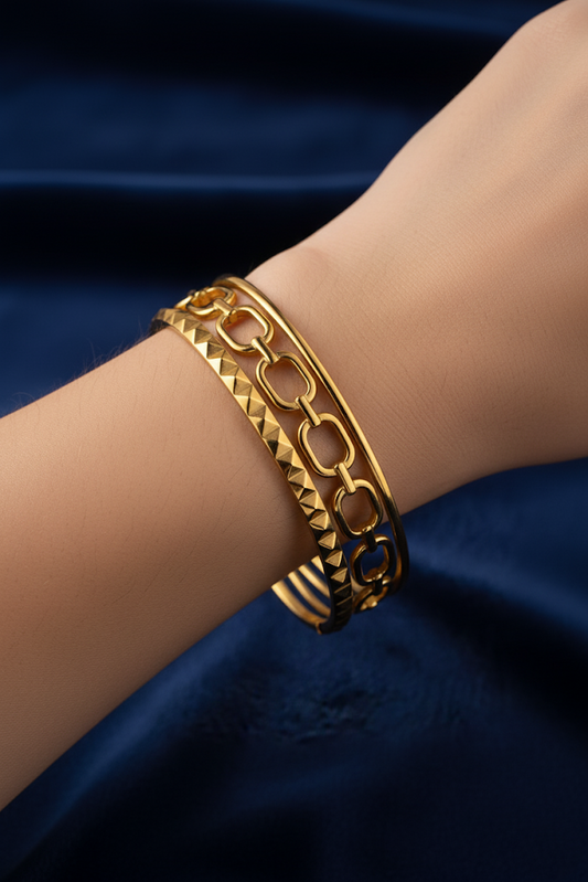 Stainless Steel Triple Link Bangle - Gold