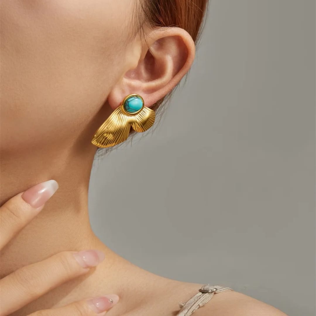 Gold-Plated Leaf Design Earrings with Turquoise Stone