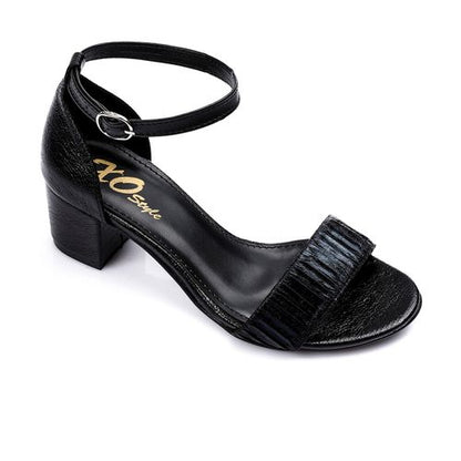 Faux Leather Textured Block Heel Sandals - Black