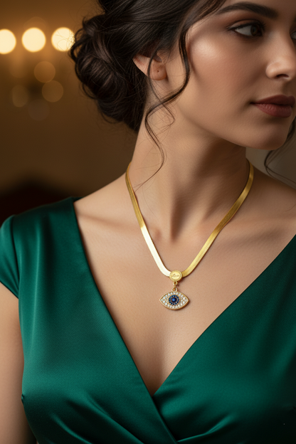 Stainless Steel Evil Eye Crystal Pendant Necklace – Gold
