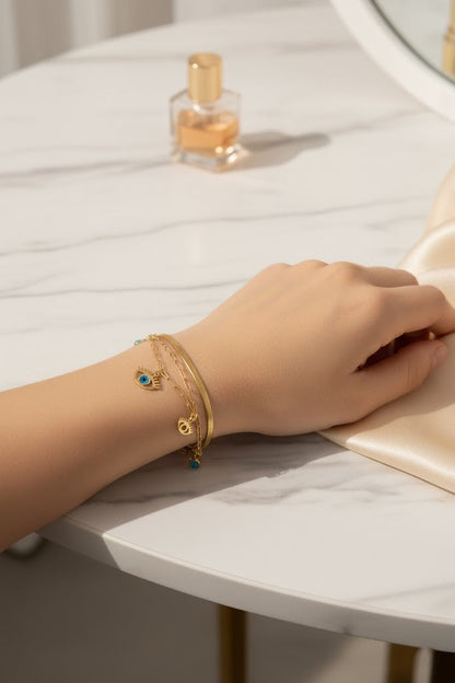 Stainless Steel Layered Evil Eye Charm Bracelet – Gold