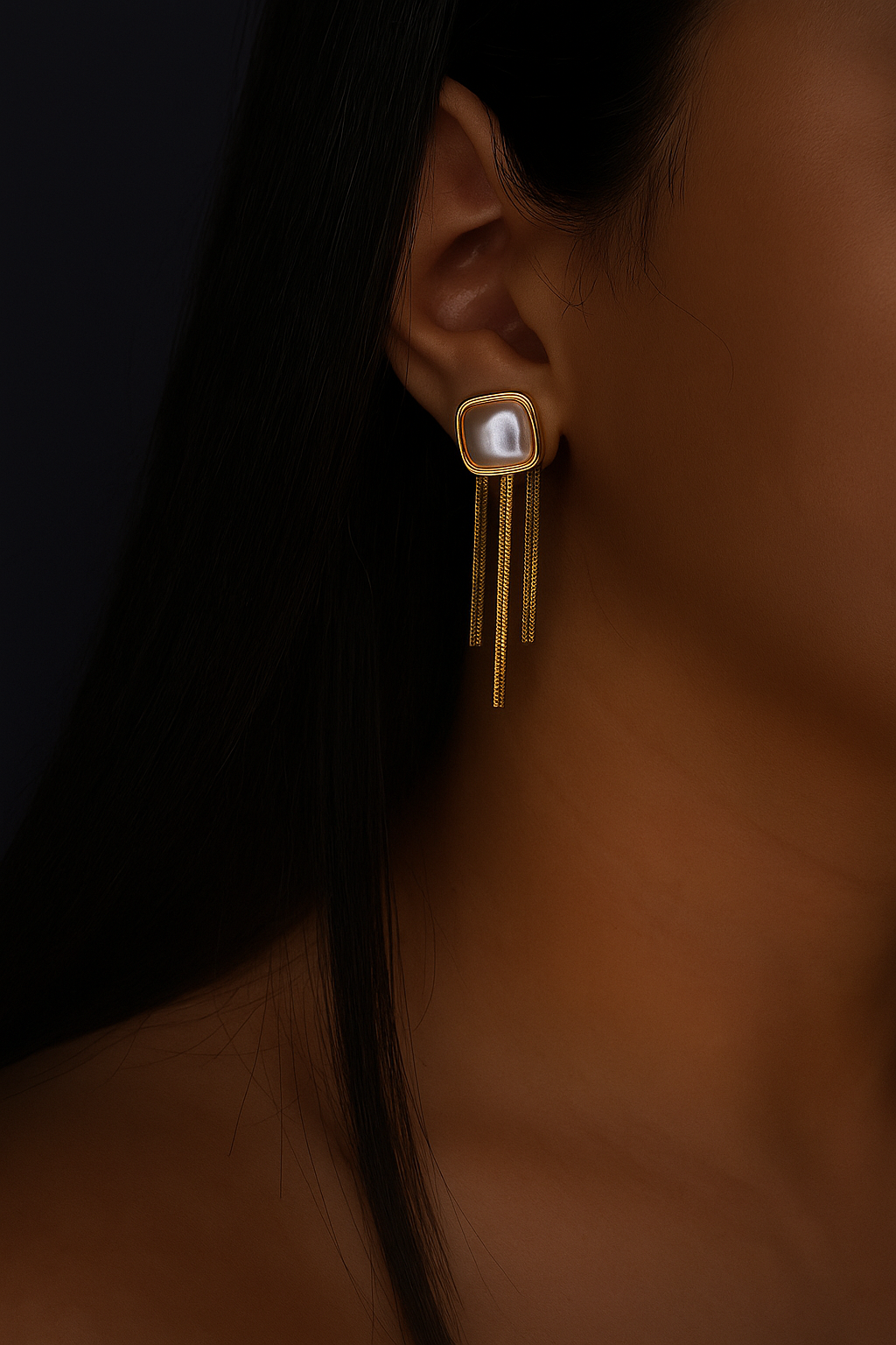 Gold-Plated Rectangular Pearl Drop Earrings