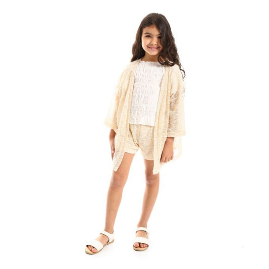 3/4 Sleeves Knitted Pattern Open Neckline Girls Cardigan Set