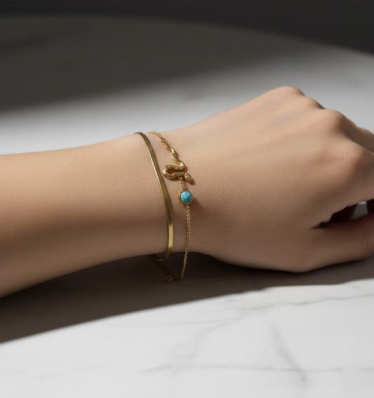 Stainless Steel Snake Design Bracelet with Turquoise Bead – Gold