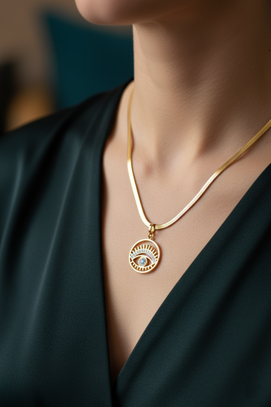 Stainless Steel Crystal Evil Eye Pendant Necklace – Gold