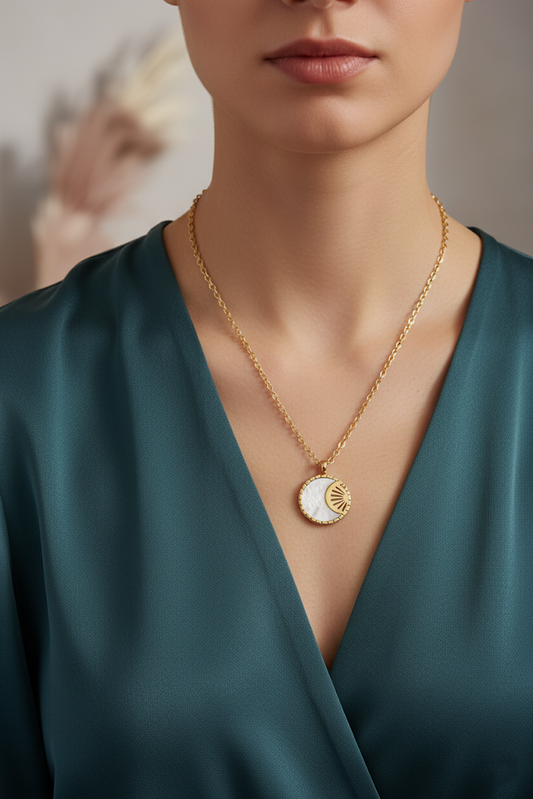 Stainless Steel Sun and Moon Pendant Necklace – Gold