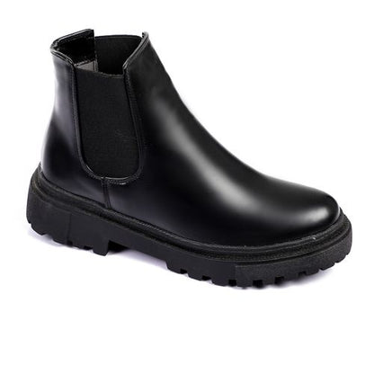 Faux Leather Plain Ankle Boots - Black