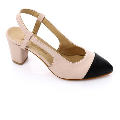 Faux Leather Cap Toe Slingback Block Heels - Beige