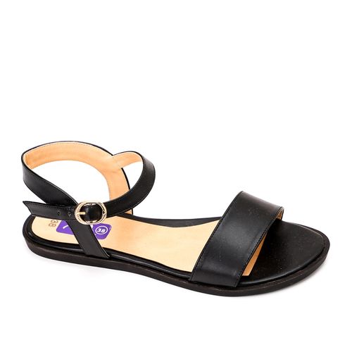 Faux Leather Flat Ankle Strap Sandals - Black