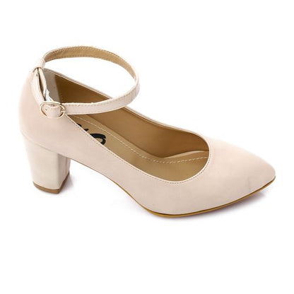 Faux Leather Pointed Mary Jane Pumps - Light Beige