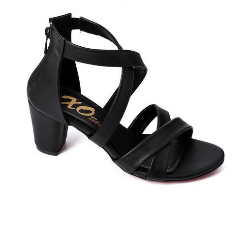 Cross Strap Block Heel Sandals - Black