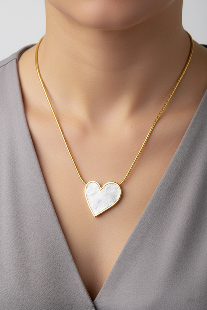 Stainless Steel Heart Pendant Necklace with Shell Inlay – Gold