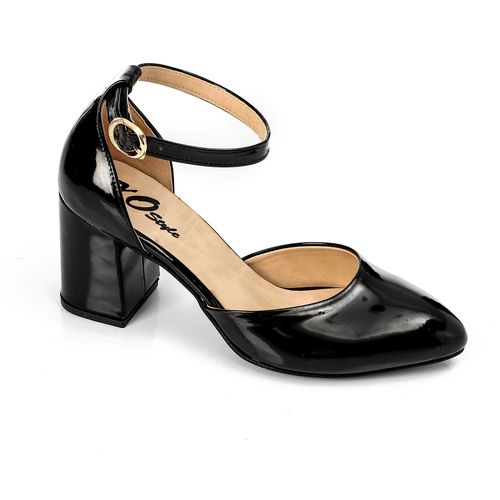 Patent Leather Heeled Shoes with Ankle Strap - Black